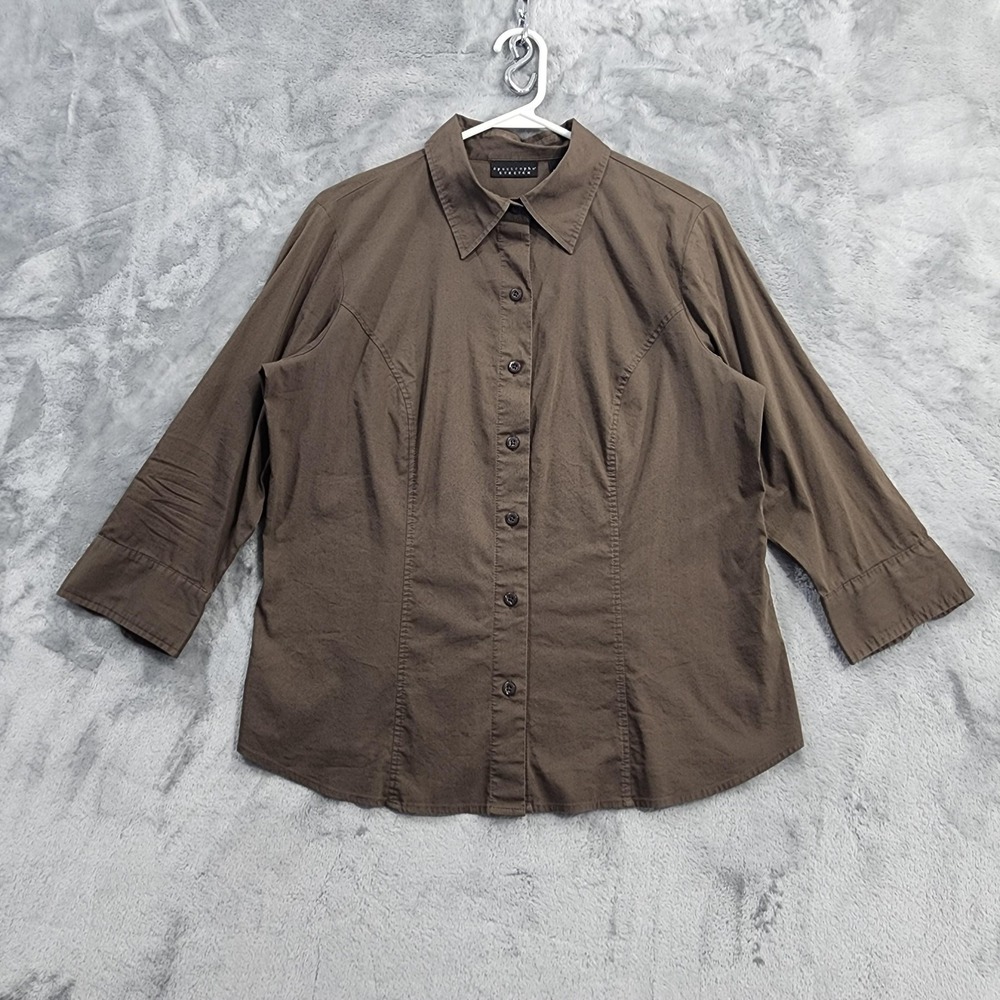 Vintage Apostrophe Top Womens L Brown Stretch Button Up 3/4 Sleeve Preppy Office